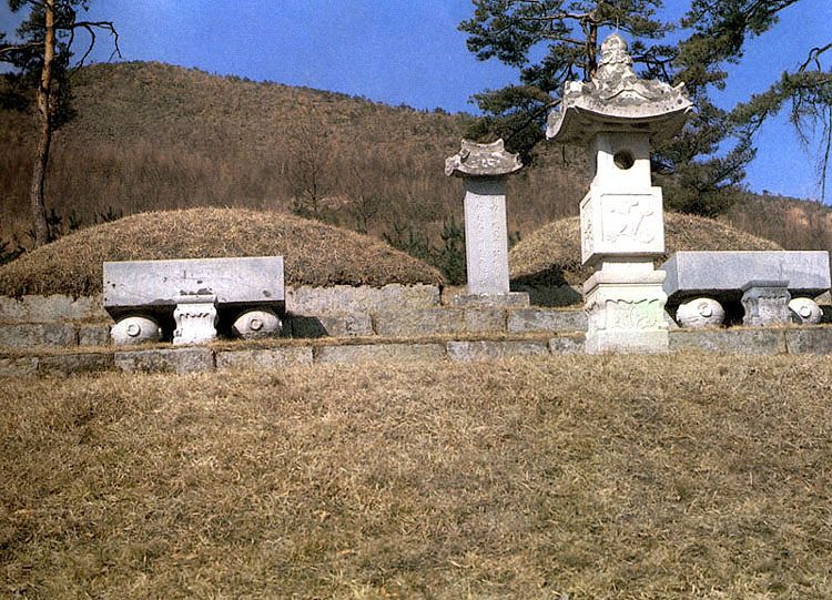 유관 선생 묘의 나란한 두 봉분 앞에 묘비와 장명등, 상석이 놓여 있고 뒤로 마른 풀빛 산과 소나무가 보입니다.